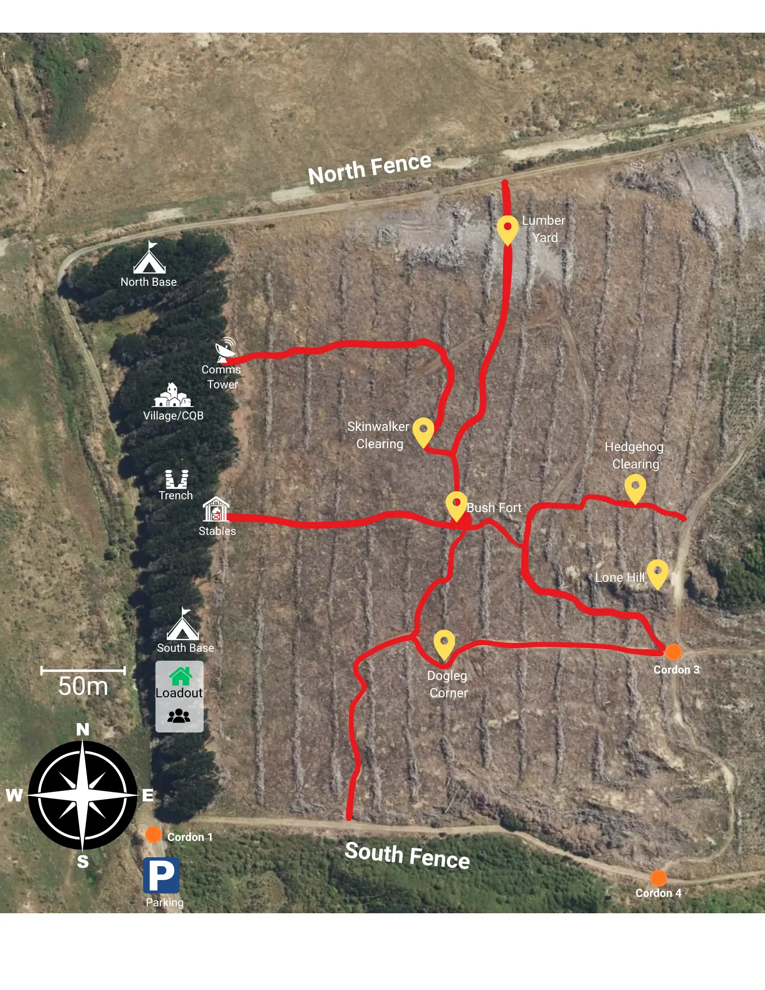 SWAG airsoft field map showing bases, trails and named locations